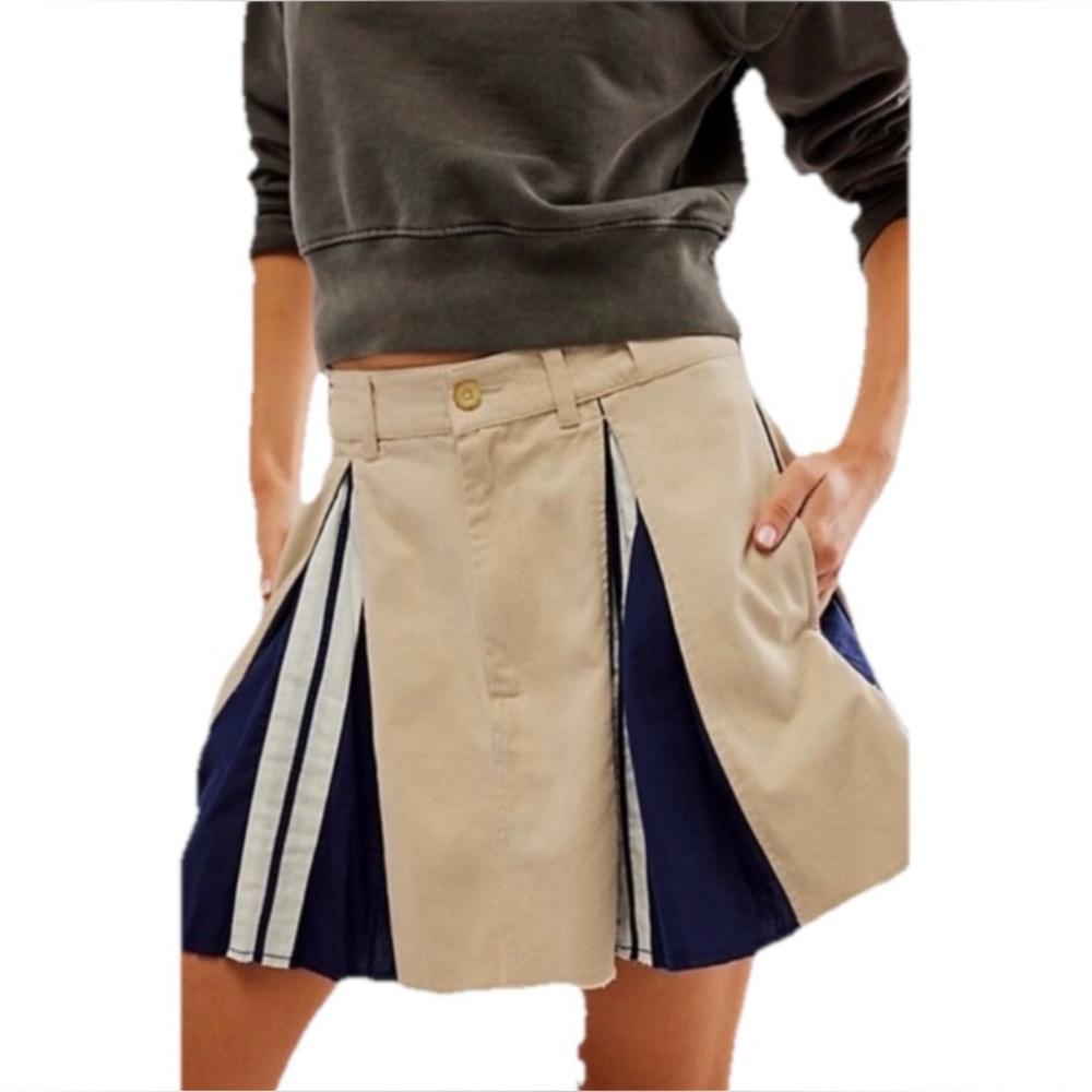 Free People Hannah Sporty Mini Skirt Women’s Beige & Navy Blue Pleated Size XS